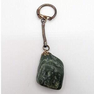 Vintage Alaska Green Jade Stone Keychain Brass Snake Chain Souvenir Accessory